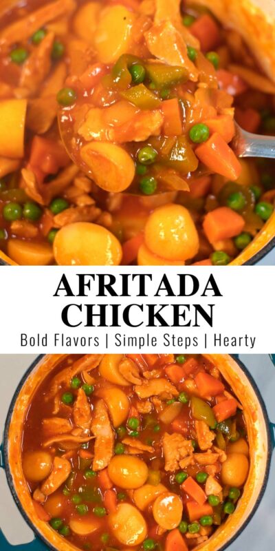 Collage of two photos showing Afritada Chicken with recipe title text.