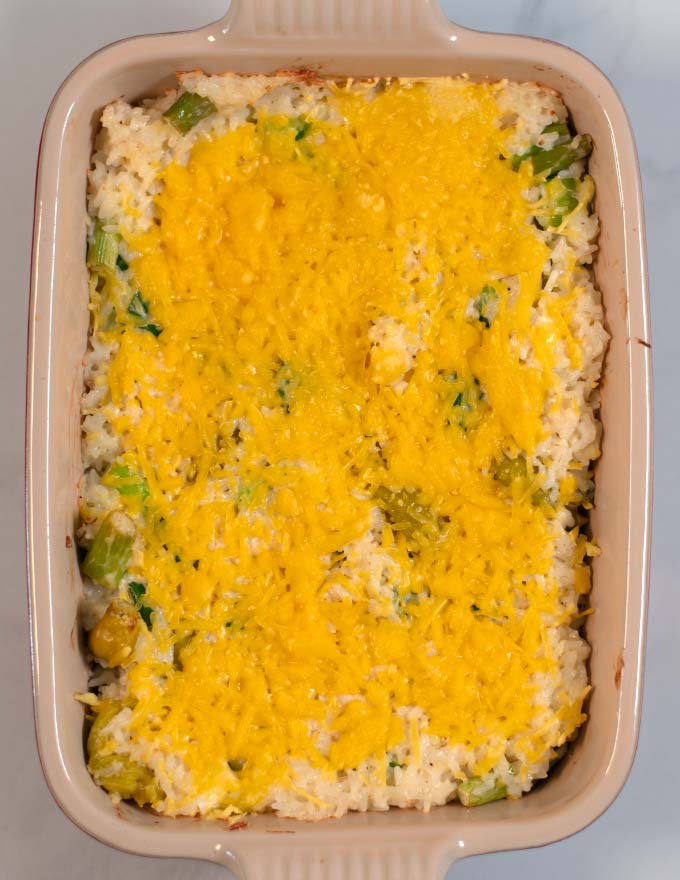 Chile Rice Casserole as it comes baked out of the oven.