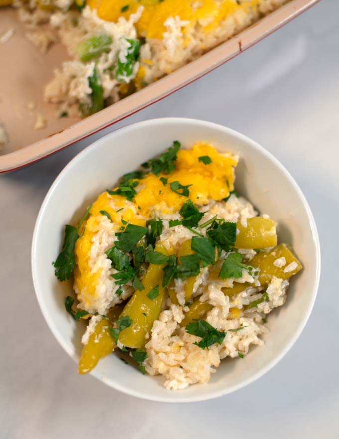 Closeup on a serving of Chile Rice Casserole.