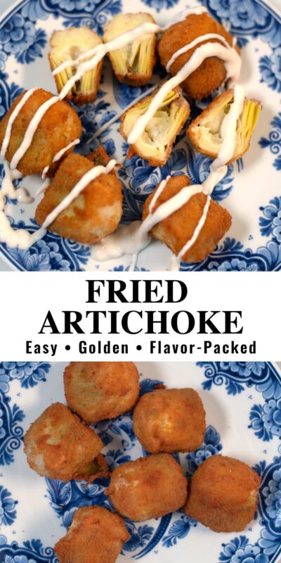 Collage of two photos of Fried Artichoke Hearts with recipe title text.