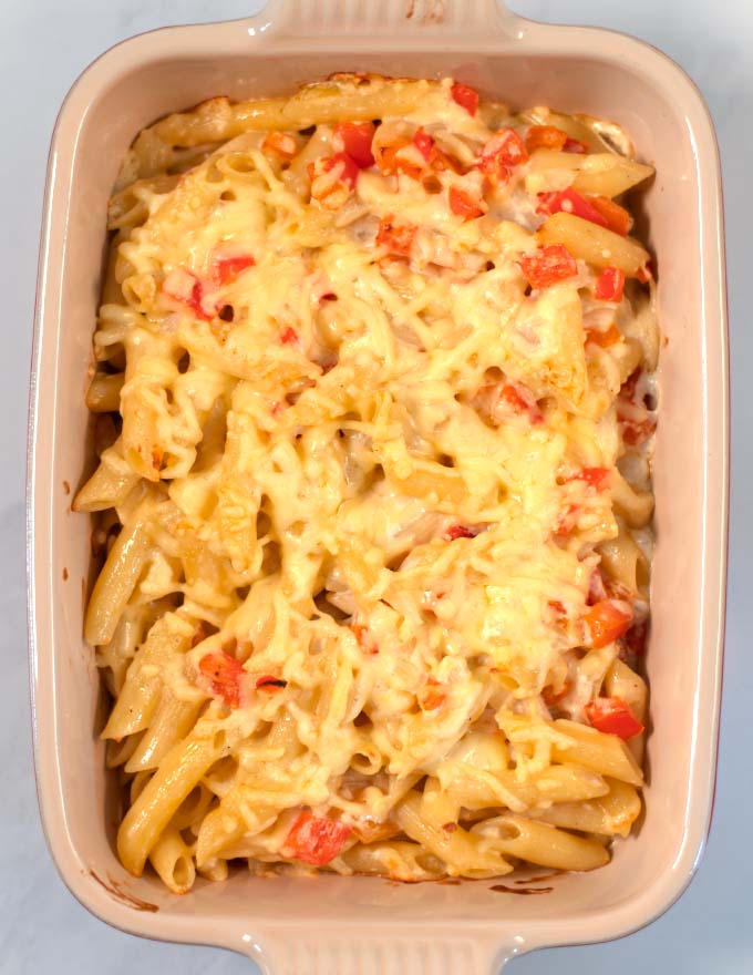 Oven baked Haitian Macaroni and Cheese with golden cheese crust.