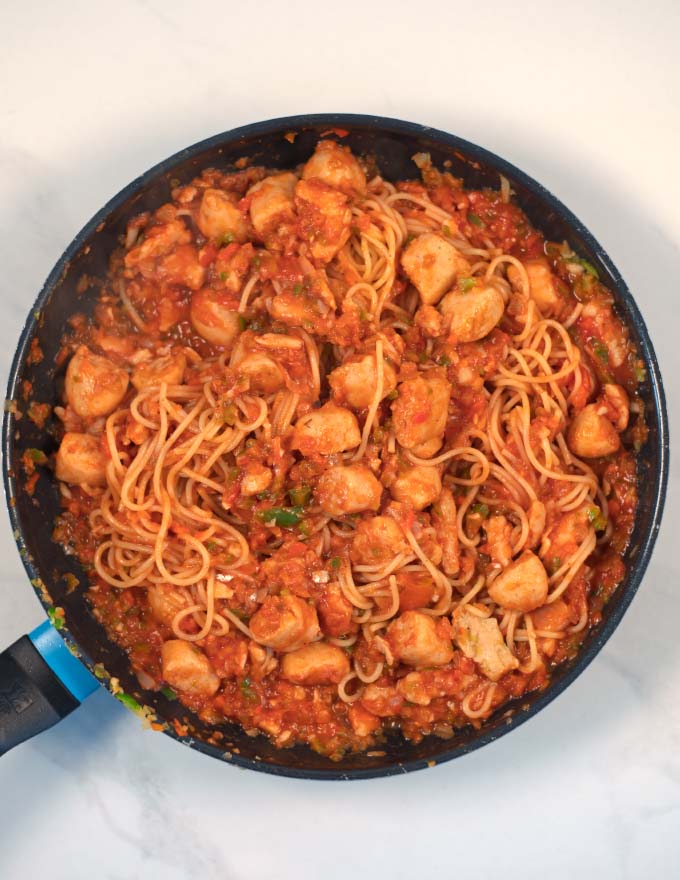 Ready mixed Jambalaya pasta in a pan.
