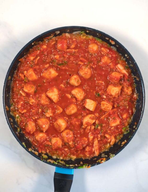 Ready Jambalaya sauce in a pan.