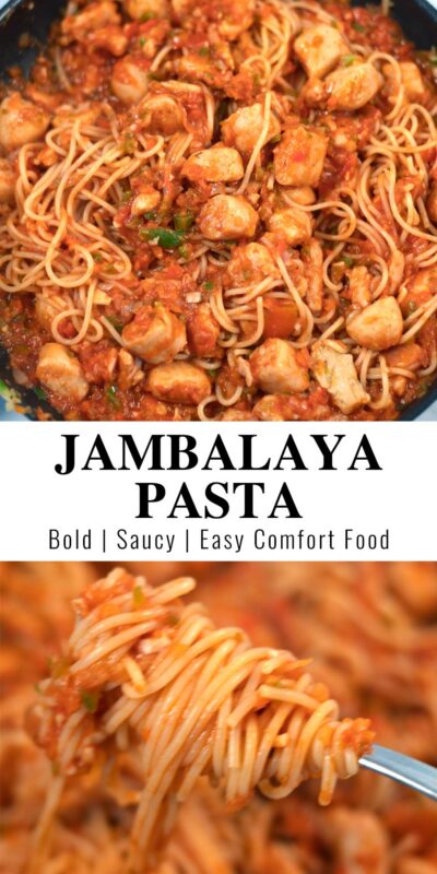 Collage of two photos of Jambalaya Pasta with recipe title text.