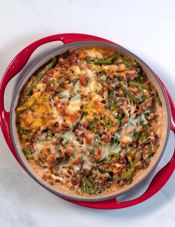 Top view of a ready baked Keto Green Bean Hamburger Casserole as it comes fresh from the oven.