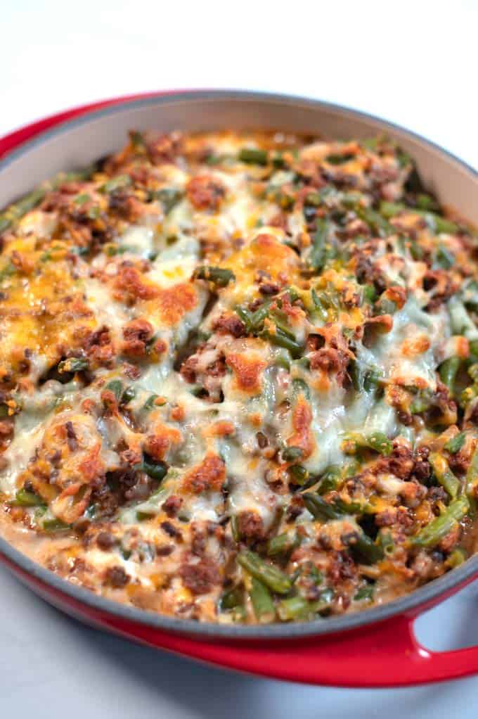 Closeup on Keto Green Bean Hamburger Casserole.