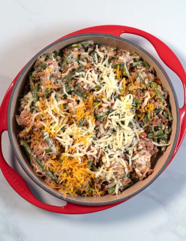 Two types of vegan cheeses top the casserole.