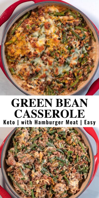 Collage of two photos showing Keto Green Bean Hamburger Casserole with recipe title text.