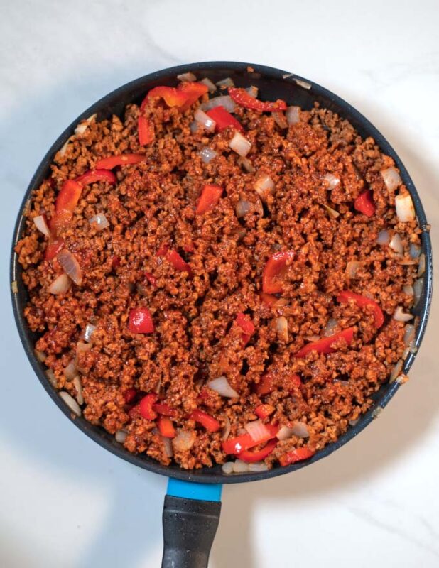 Top view on the ready filling of Keto Sloppy Joe Casserole.