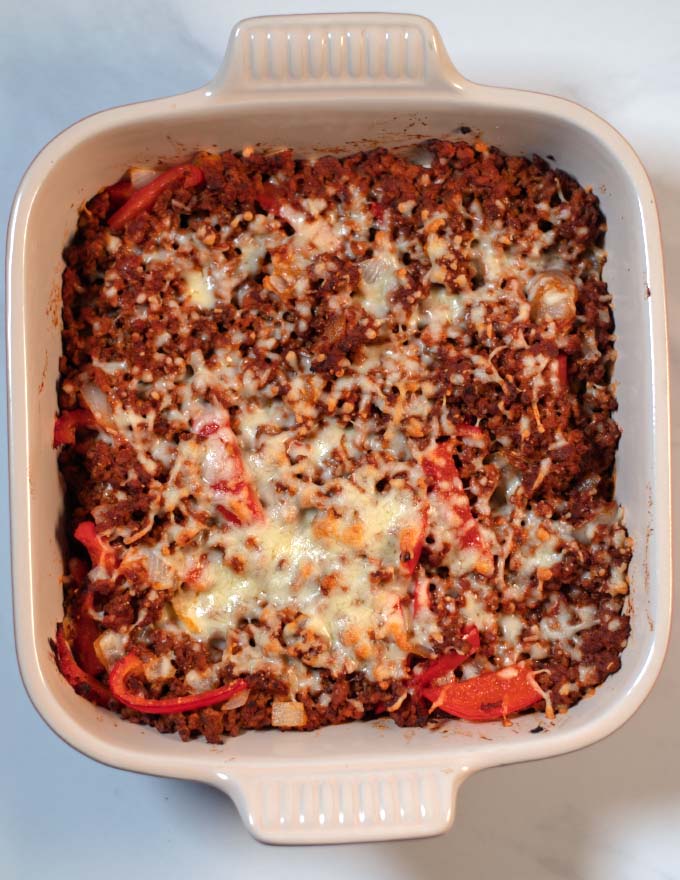 Baked cheesy top of the casserole.