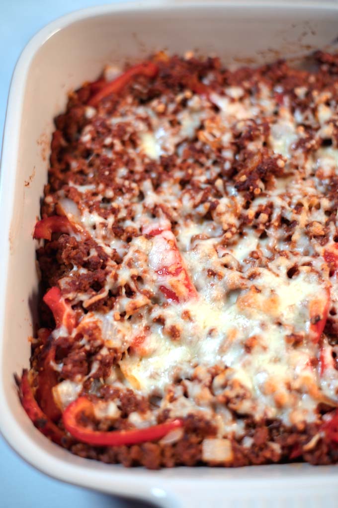 Closeup on the Keto Sloppy Joe Casserole.