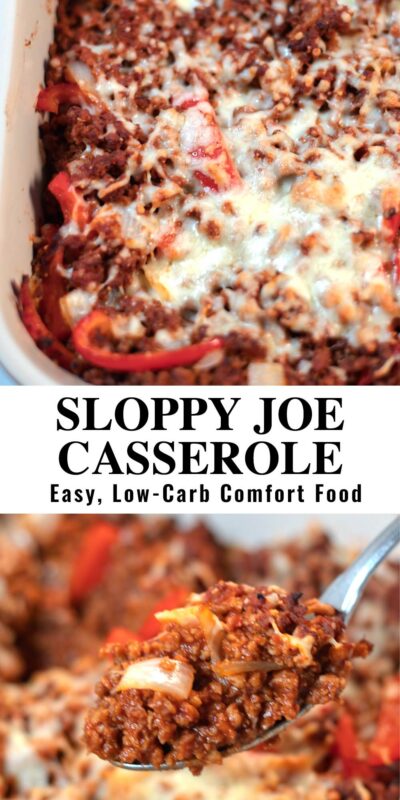 Collage of two photos showing Keto Sloppy Joe Casserole with recipe title text.