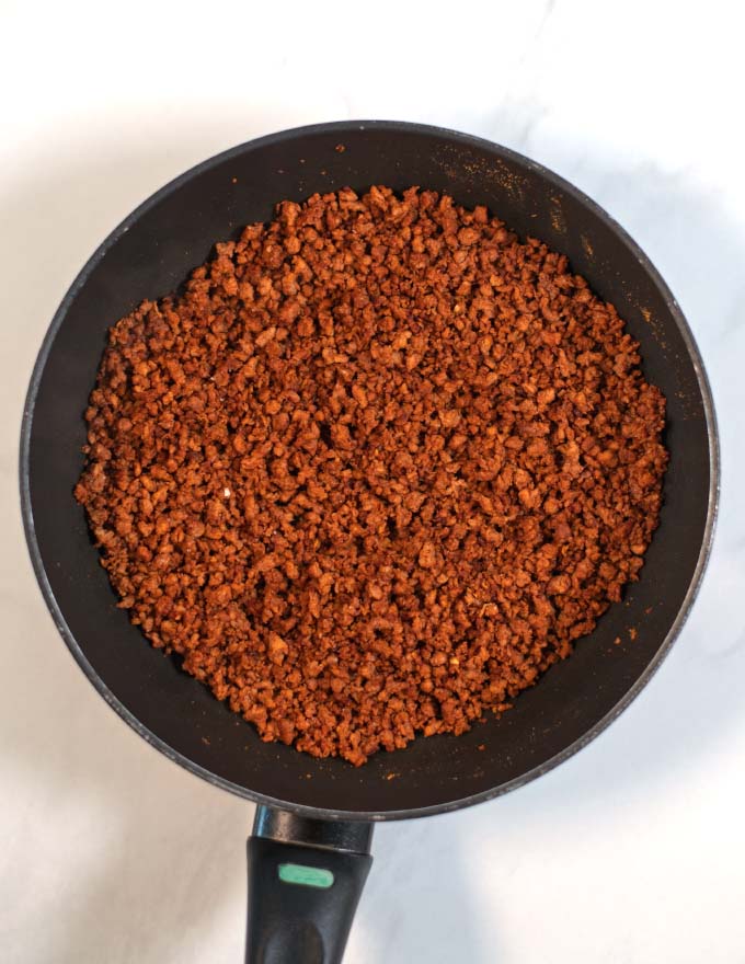 Vegan taco meat in a pan.