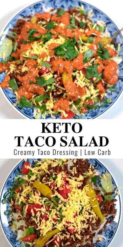 Collage of two photos of Keto Taco Salad with recipe title text.
