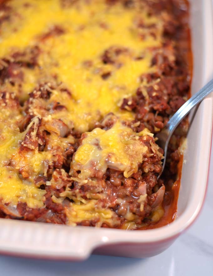 Lentil Casserole and a large spoon.
