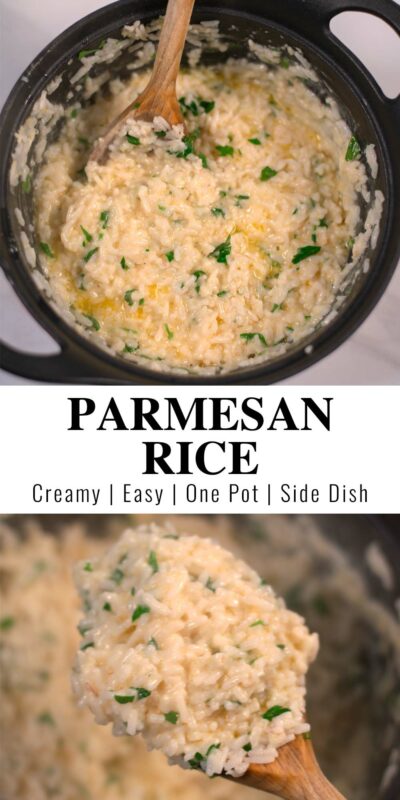 Collage of two photos of Parmesan Rice with recipe title text.