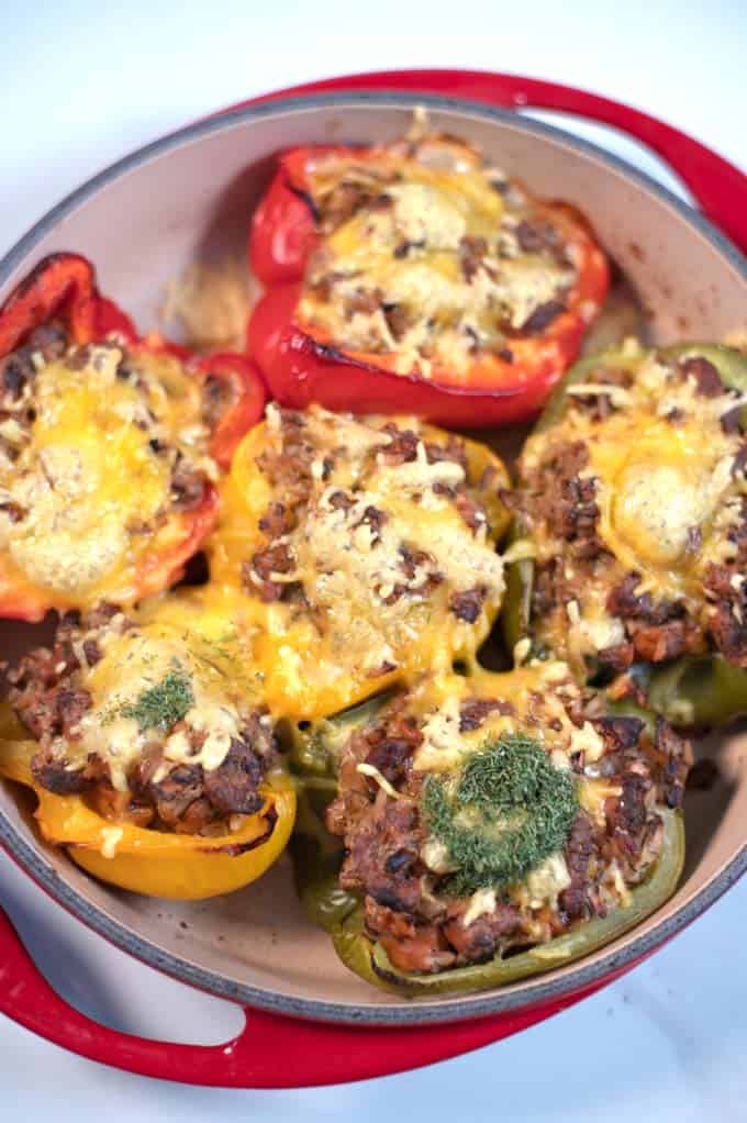 Closeup of Sausage Stuffed Peppers.