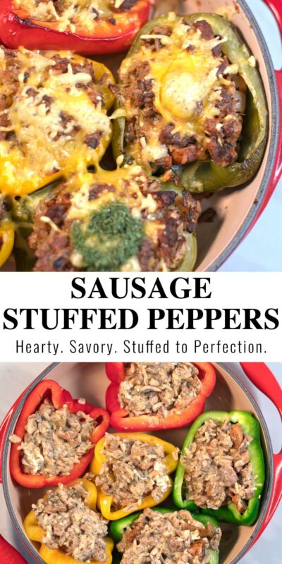 Collage of two photos of sausage stuffed peppers with recipe title text.