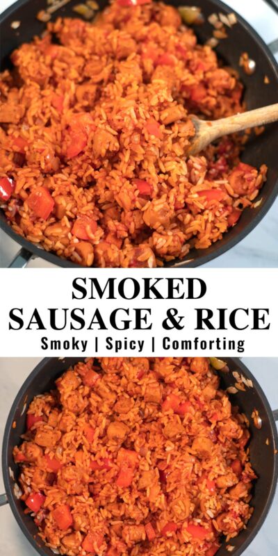 Collage of two photos of Smoked Sausage and Rice with recipe title text.
