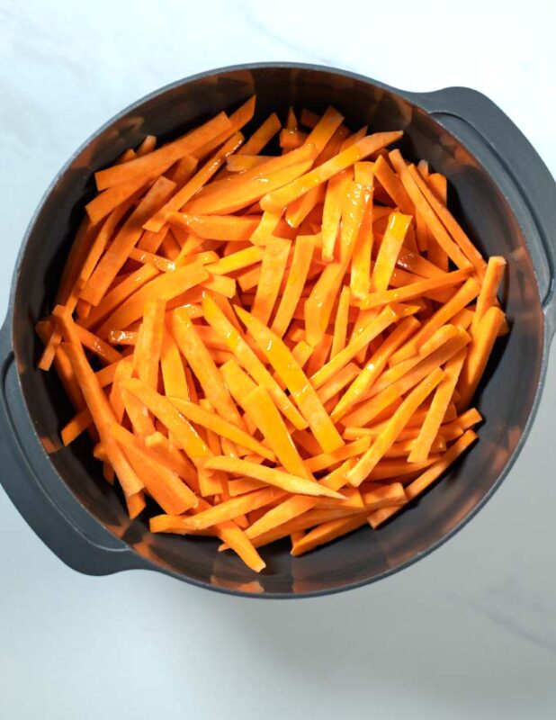 Oil is given to sweet potato fries.