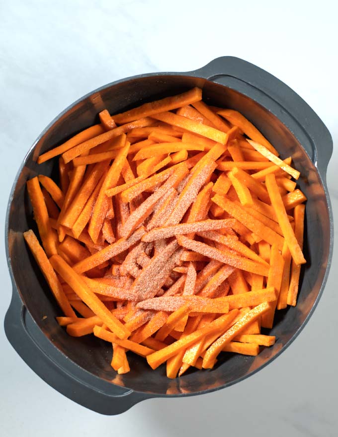 Strach mix is given over sweet potato fries.