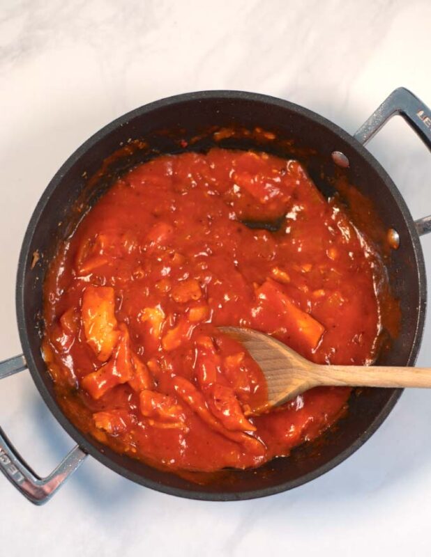 Chicken Marinara Sauce in a pan.