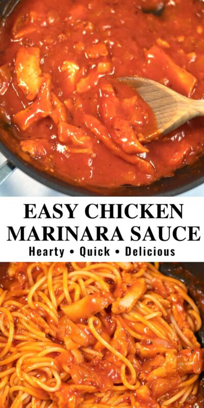 Collage of two photos of Chicken Marinara Sauce with recipe title text.