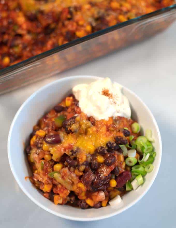 Closeup of a serving of mixed bean casserole.