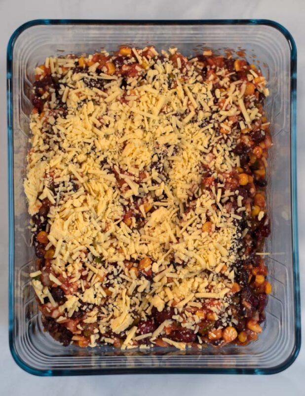 Cheese topped Mixed Bean Casserole vefore baking.