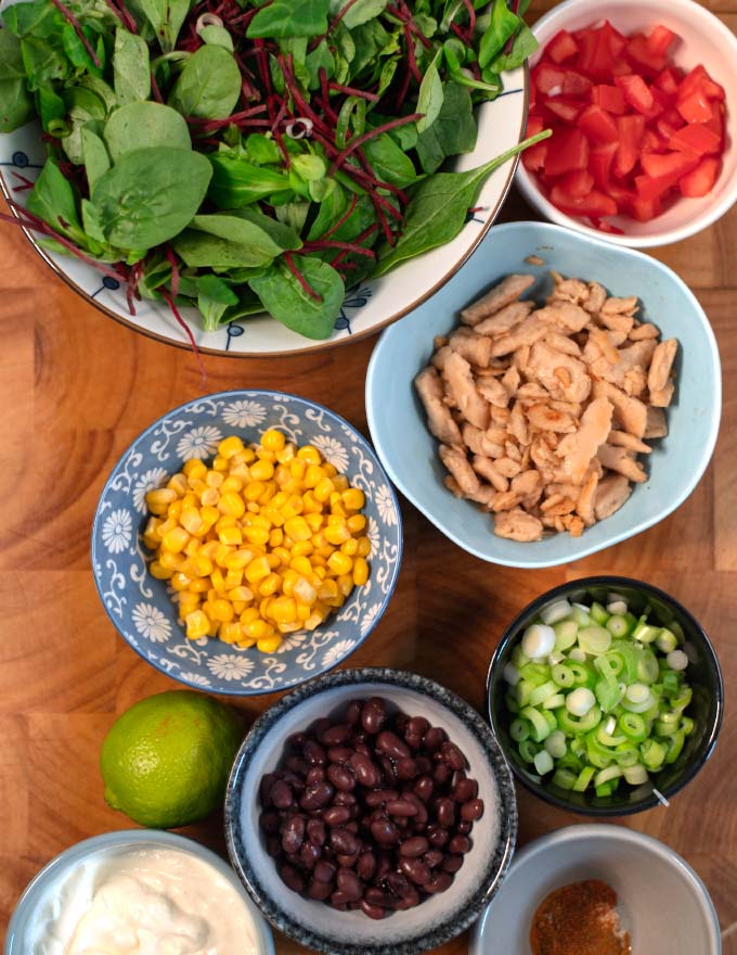 Ingredients needed to make Southwest Chicken Salad collected before preparation.