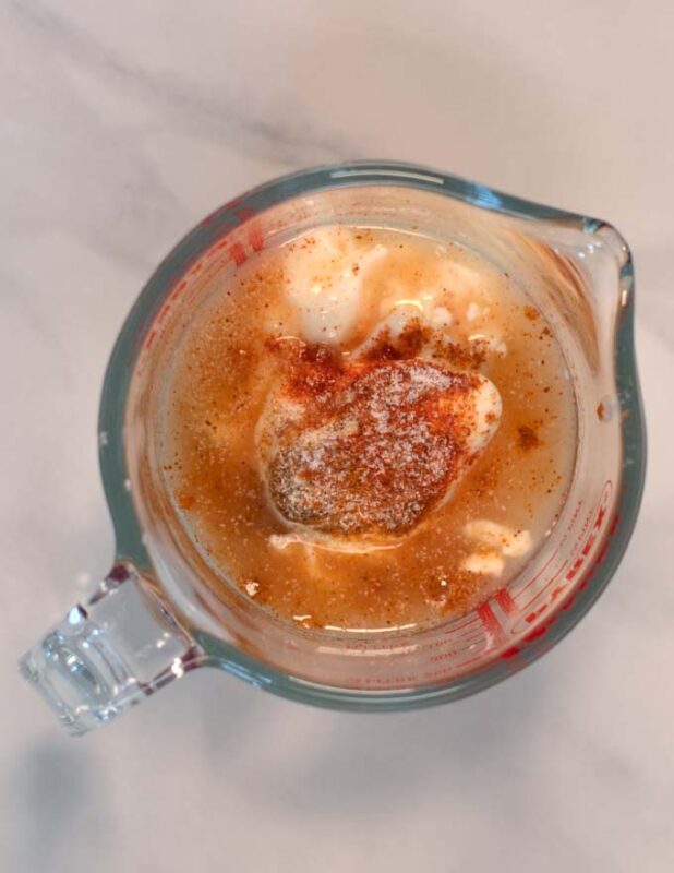 Ingredients for the dressing are given to a small jar.