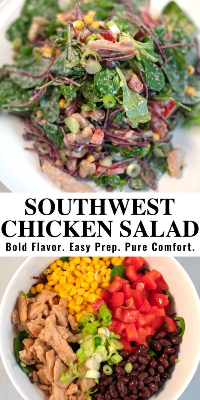 Collage of two photos of Southwest Chicken Salad with recipe title text.