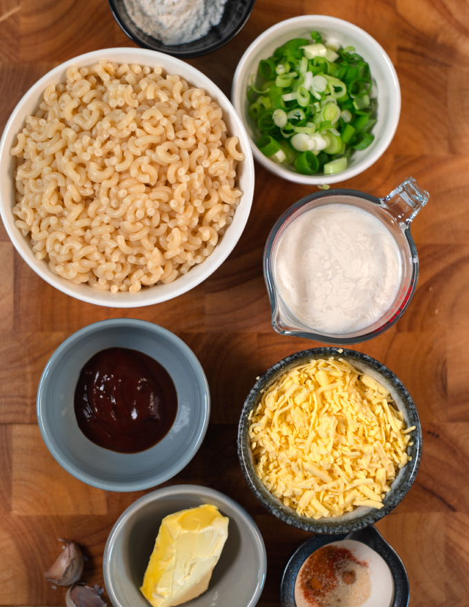 Ingredients needed to make BBQ Mac and Cheese are collected before preparation.