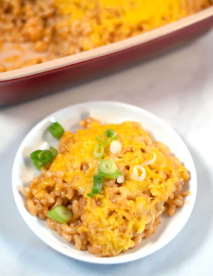 Closeup on a serving of BBQ Mac and Cheese.
