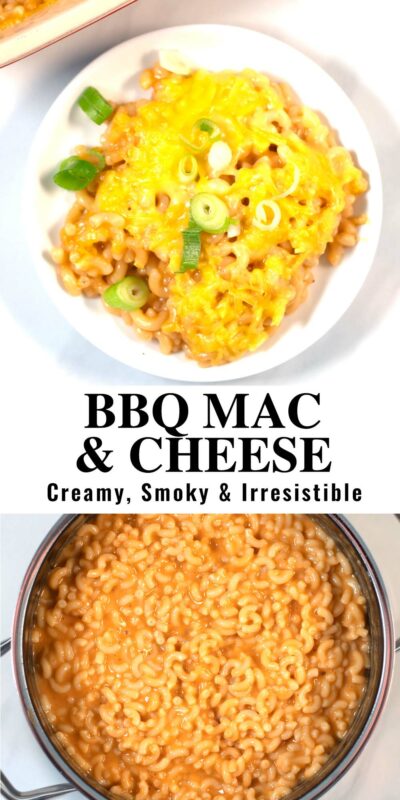 Collage of two photos showing BBQ Mac and Cheese with recipe title.
