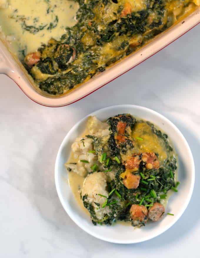 A serving of Cauliflower Sausage Casserole.