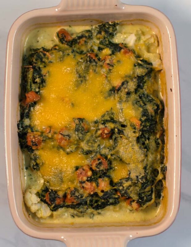 Cauliflower Sausage Casserole after baking in the oven.