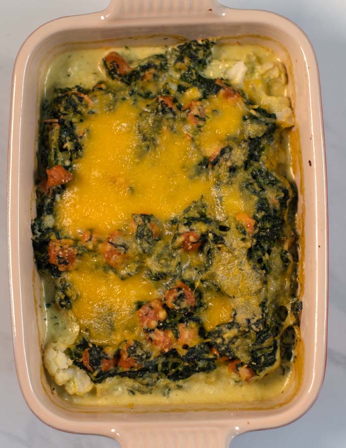 Cauliflower Sausage Casserole after baking in the oven.