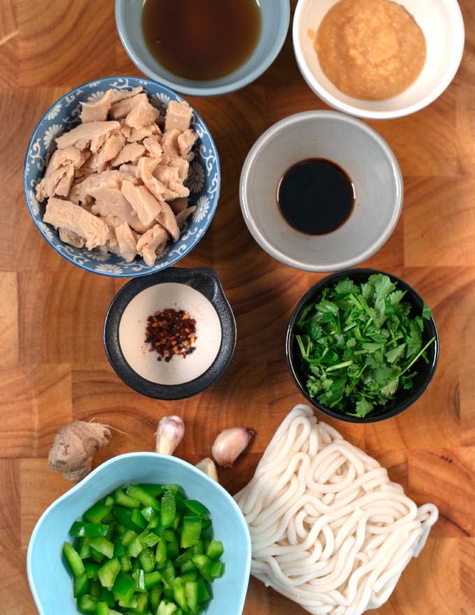 Ingredients needed to make Spicy Thai Noodles with Chicken are collected before preparation.