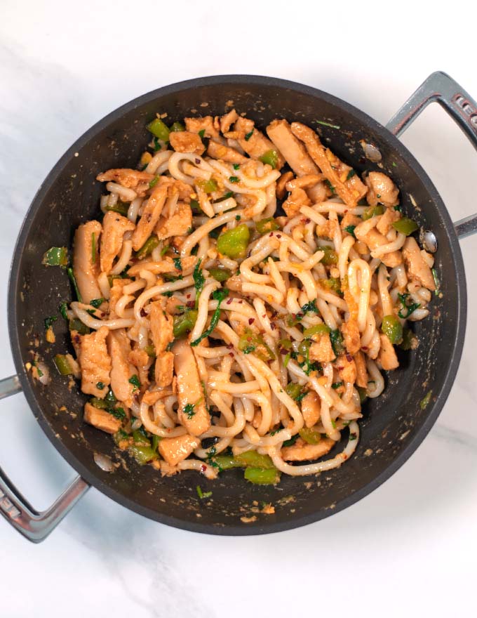 Top view of Spicy Thai Noodles with Chicken.