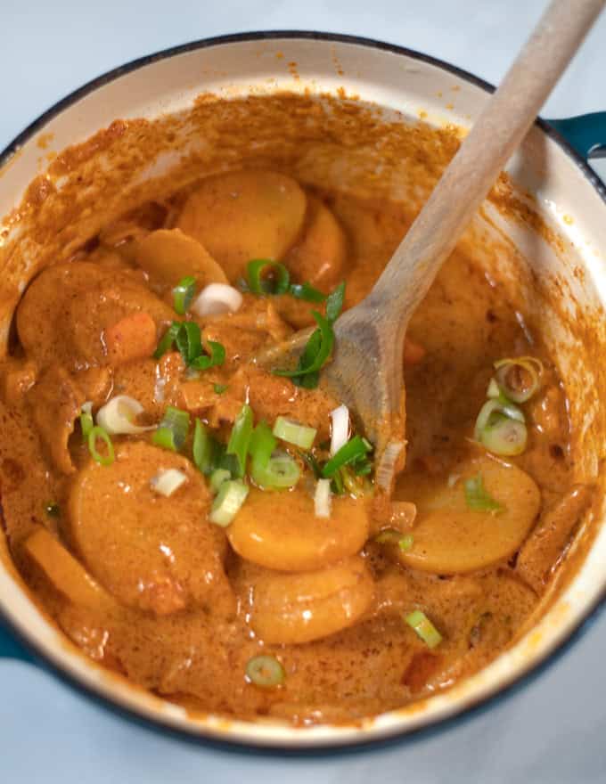 Closeup of the ready pot of Vietnamese Curry garnished with scallions.