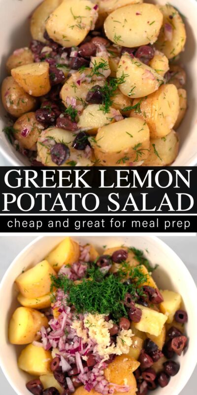 Collage of two photos of Greek Lemon Potato Salad with recipe title text.