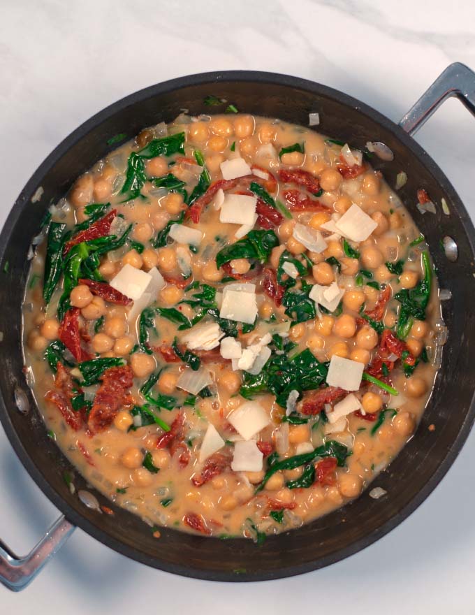 Vegan parmesan flakes are using as a finish.