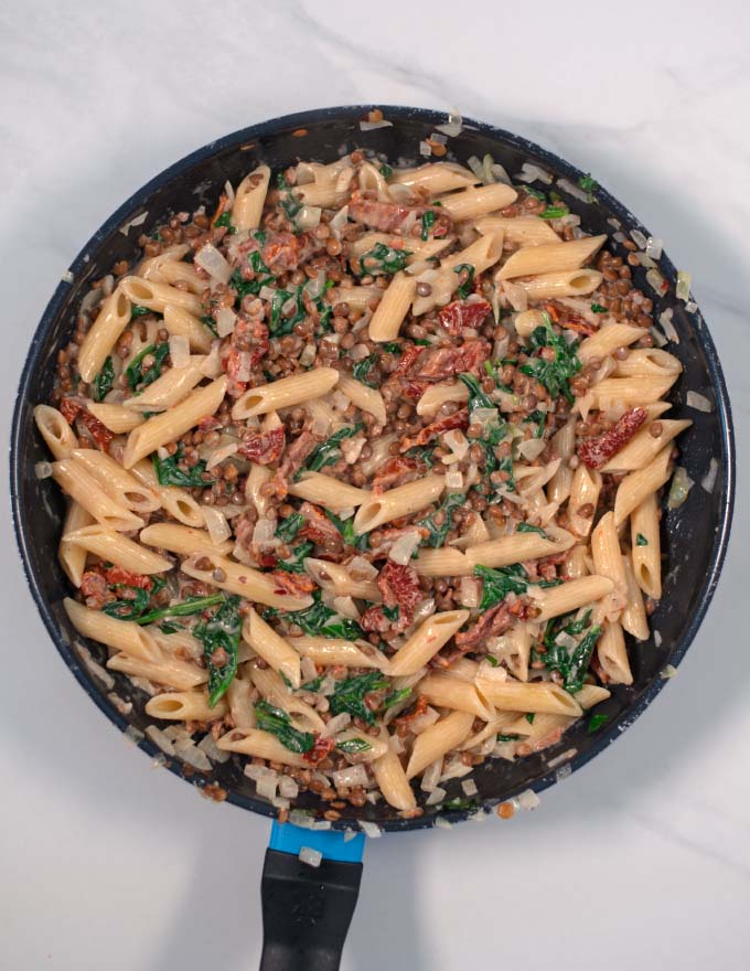 Top view of a pan with finished Marry Me Pasta.