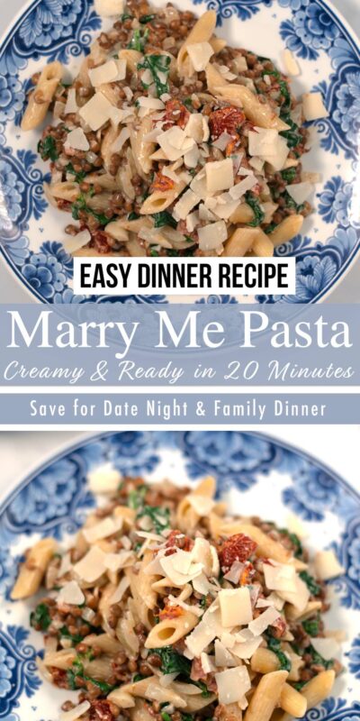 Collage of two photos with Marry Me Pasta with recipe title text.