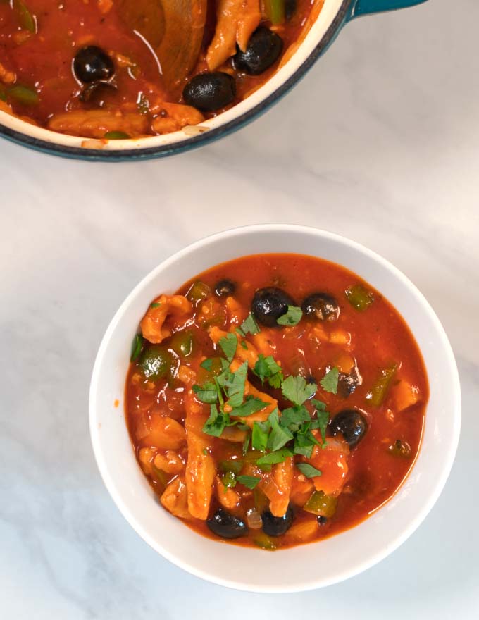 A serving of Spanish Chicken Stew in a bowl.