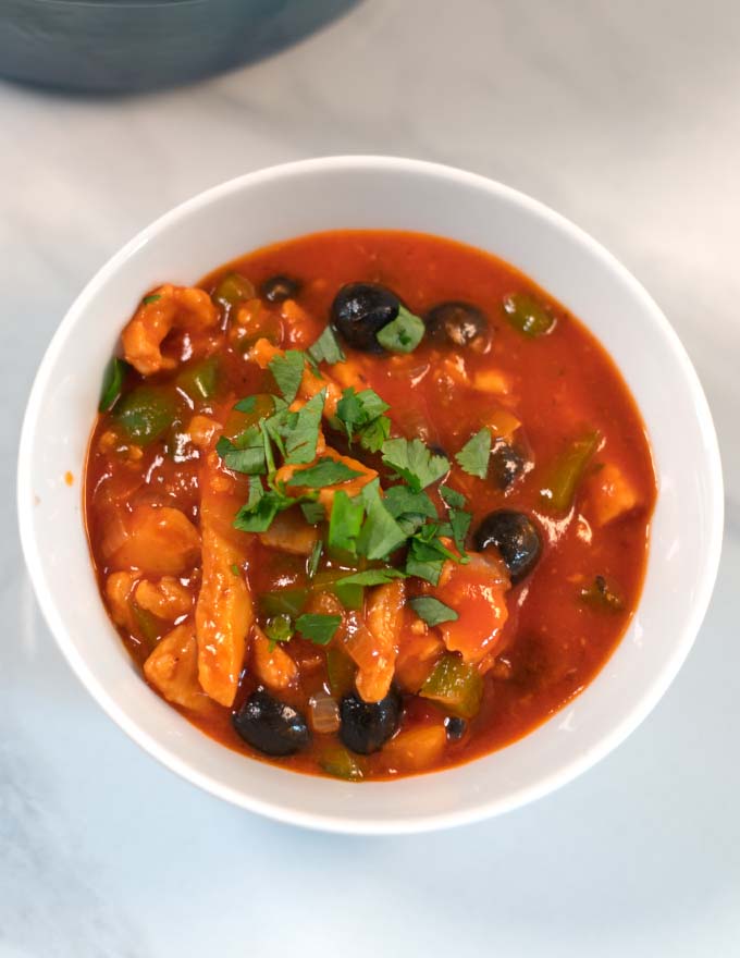 Closeup on a serving of Spanish Chicken Stew.