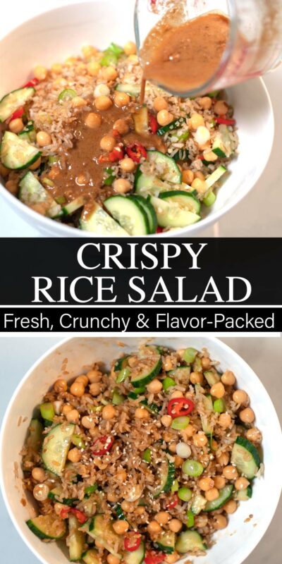 Collage of two photos of Crispy Rice Salad with recipe title text.
