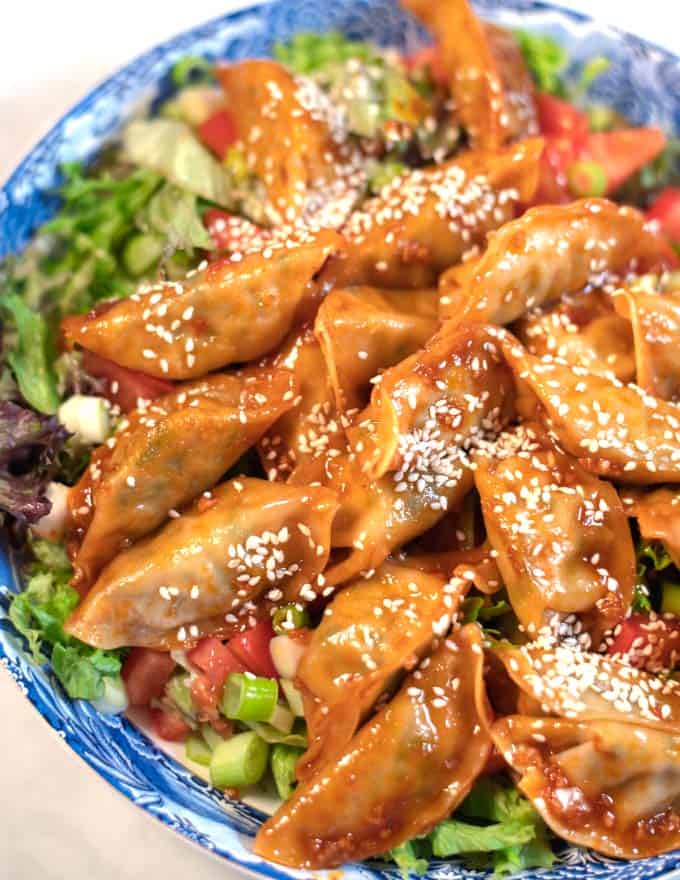 Crispy Dumplings on Salad.