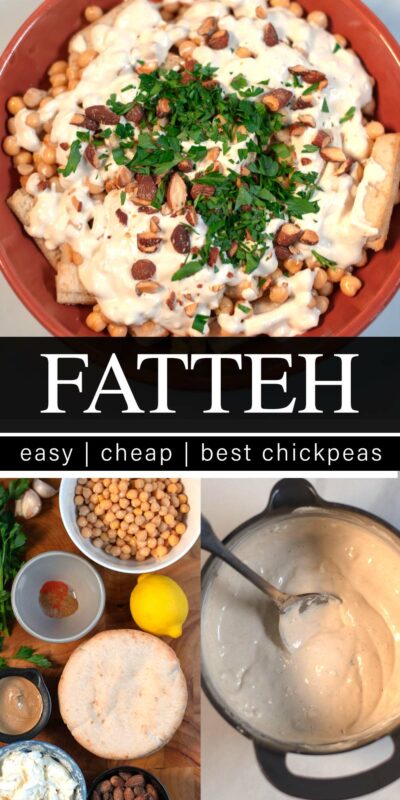 Collage of photos showing Fatteh with recipe title text.